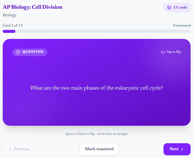 A flashcard deck generated from a study topic