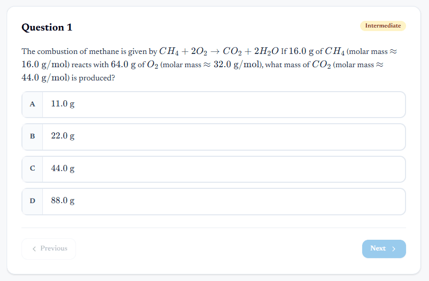 A multiple-choice practice quiz generated from a study topic