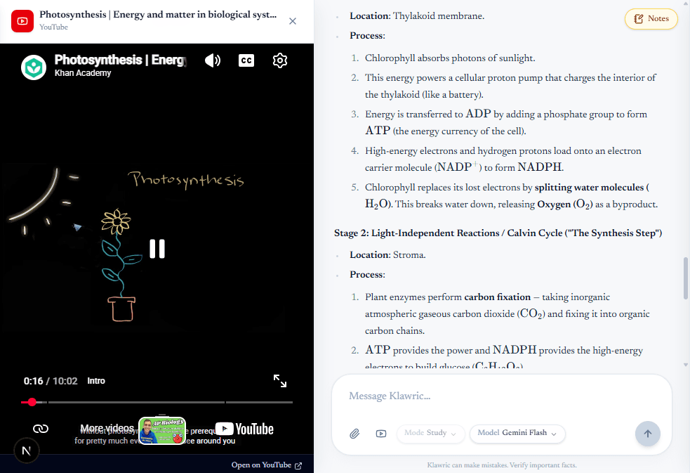 A lecture video beside generated study notes and review questions