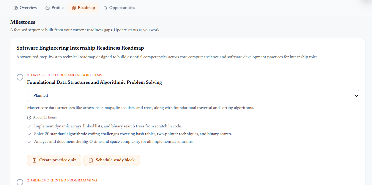 Career roadmap built from your goals, projects, and study history on Klawric