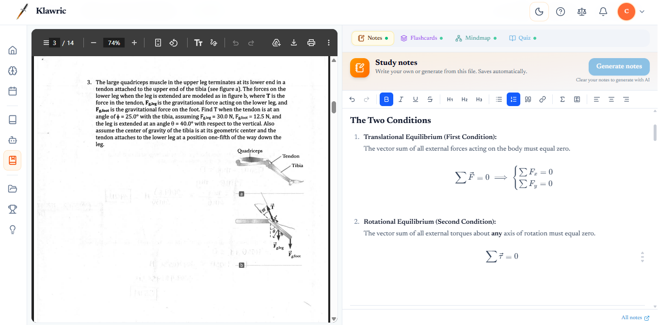 Upload a PDF, slides, or lecture — notes, flashcards, quiz, and mindmap from one file