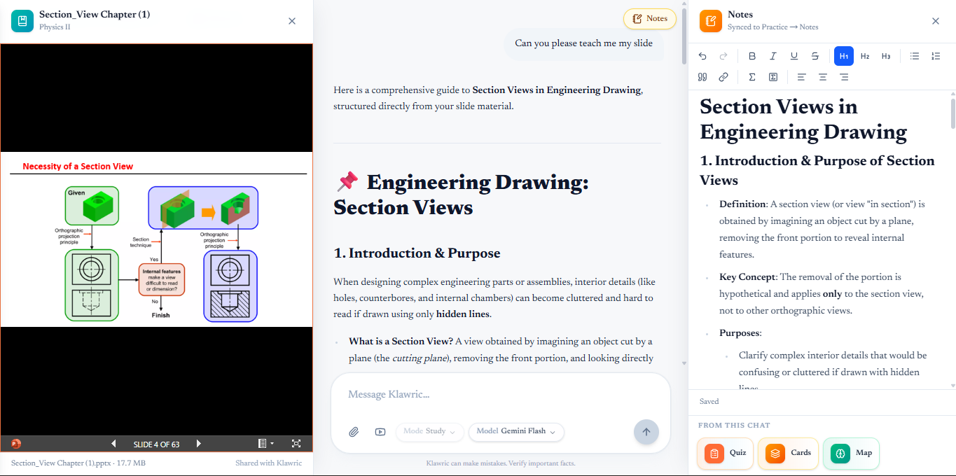Klawric study workspace — notes, flashcards, quiz, and mindmap from your materials